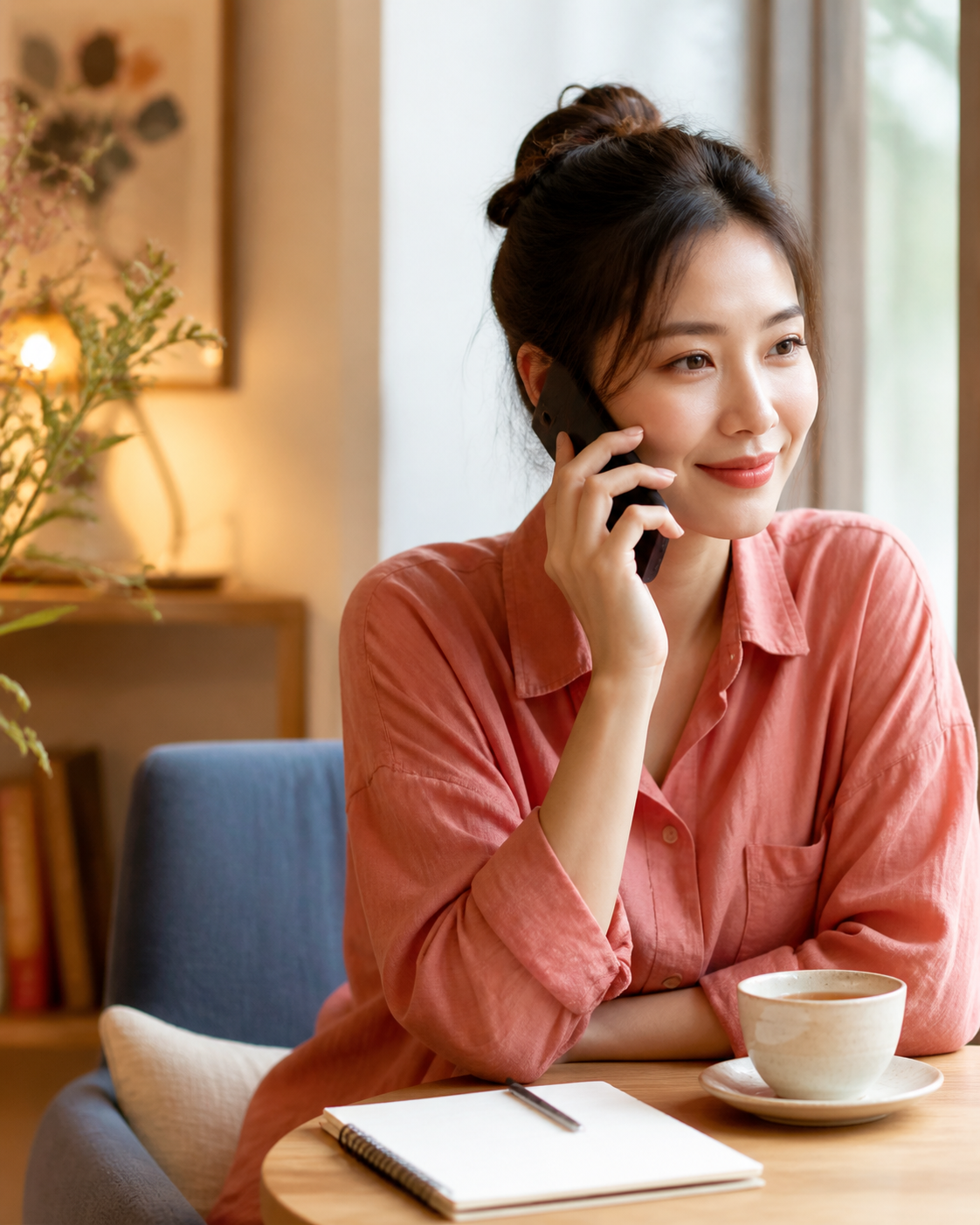 Người phụ nữ đang trò chuyện qua điện thoại trong không gian ấm áp