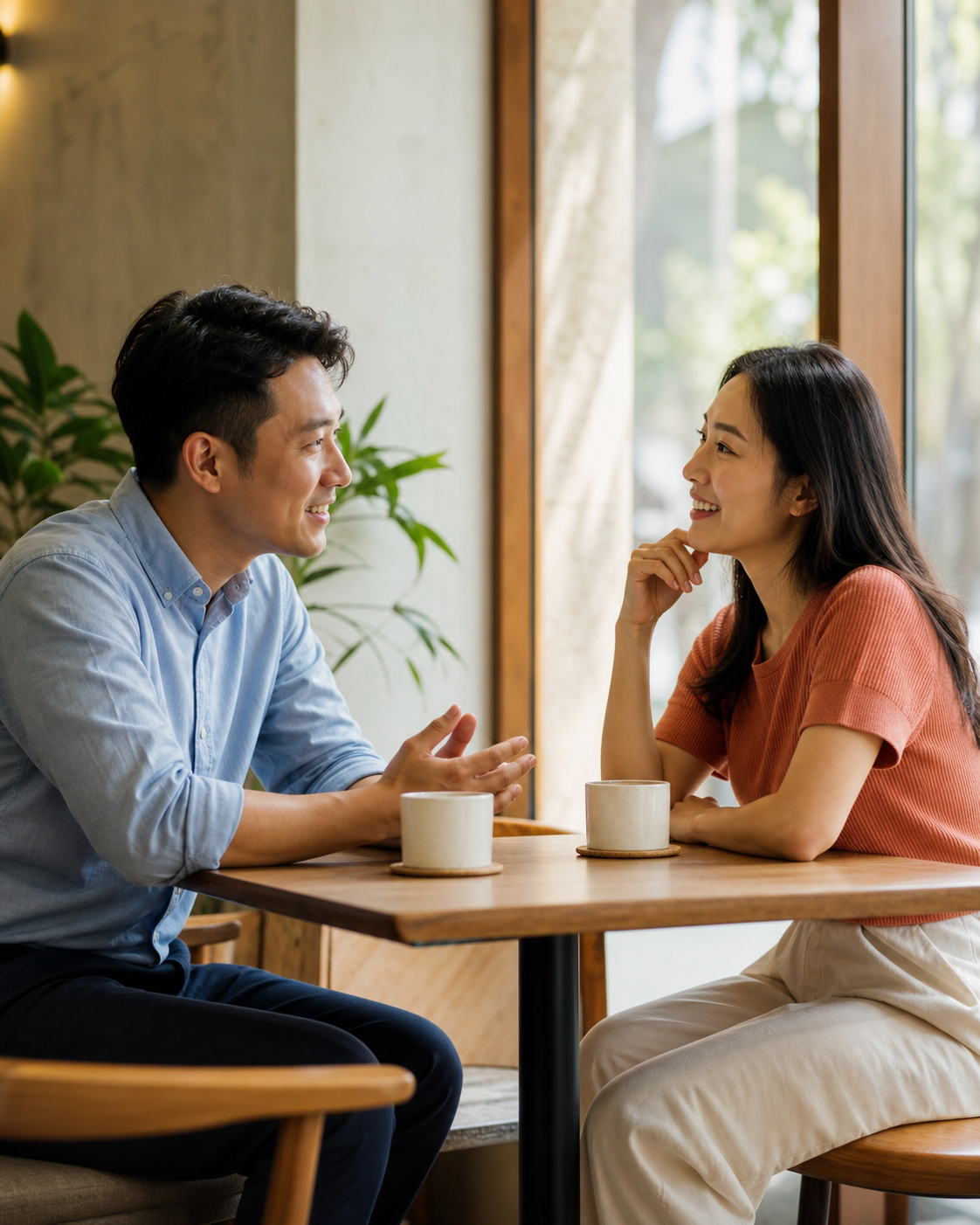 Hai người độc thân trò chuyện chân thành tại quán cà phê